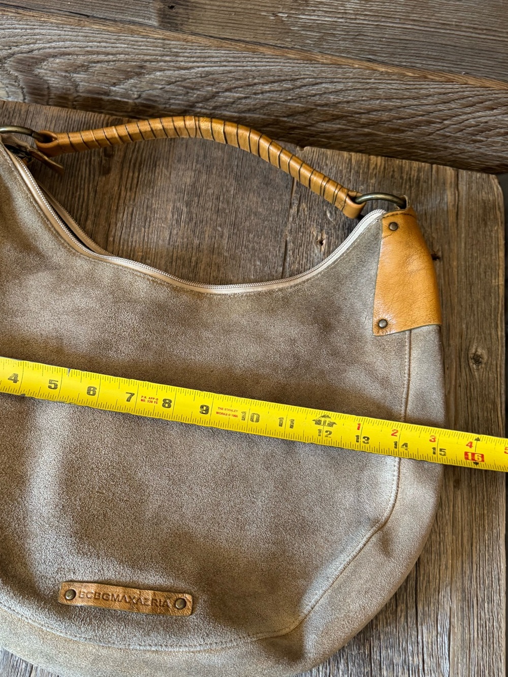 Vintage BCBG Maxazaria Suede Hobo Shoulder Bag in Beige with Tan Accents - Picture 7 of 7